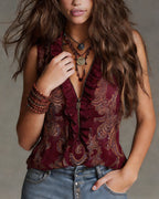 Ruffled Half-Zip Design Tank Top