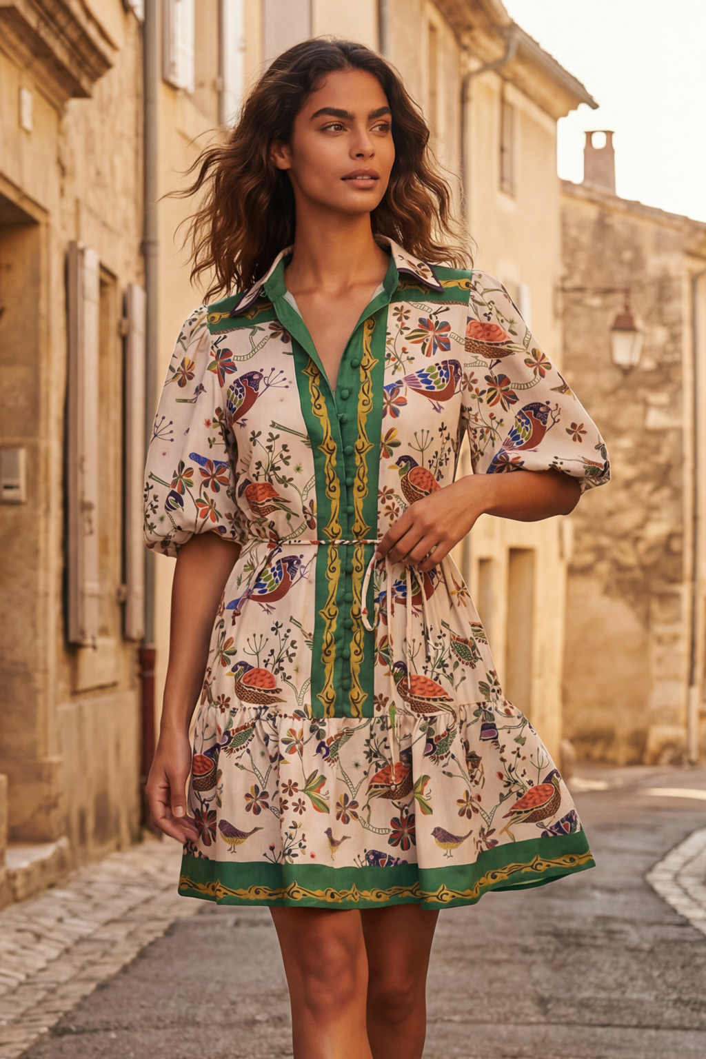 White boho dress with a bird print and bell sleeves, perfect for casual summer outings. 2