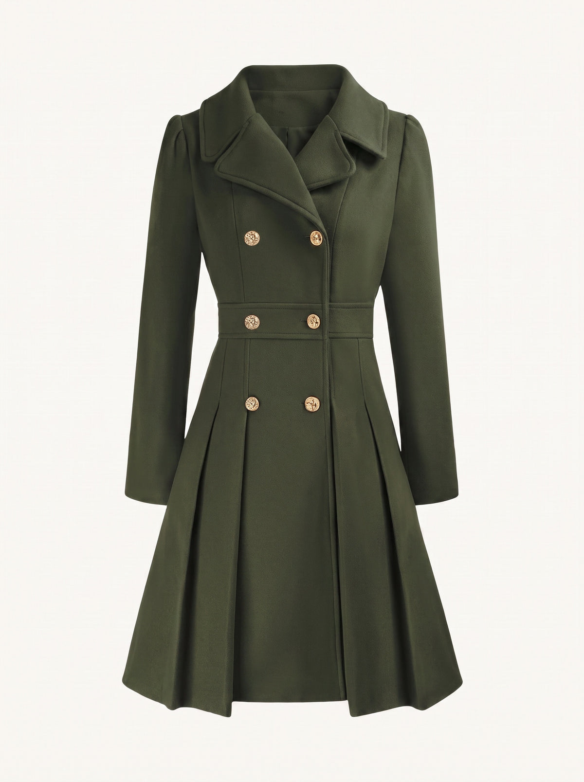 Adele double-breasted flared coat with gold buttons, army green