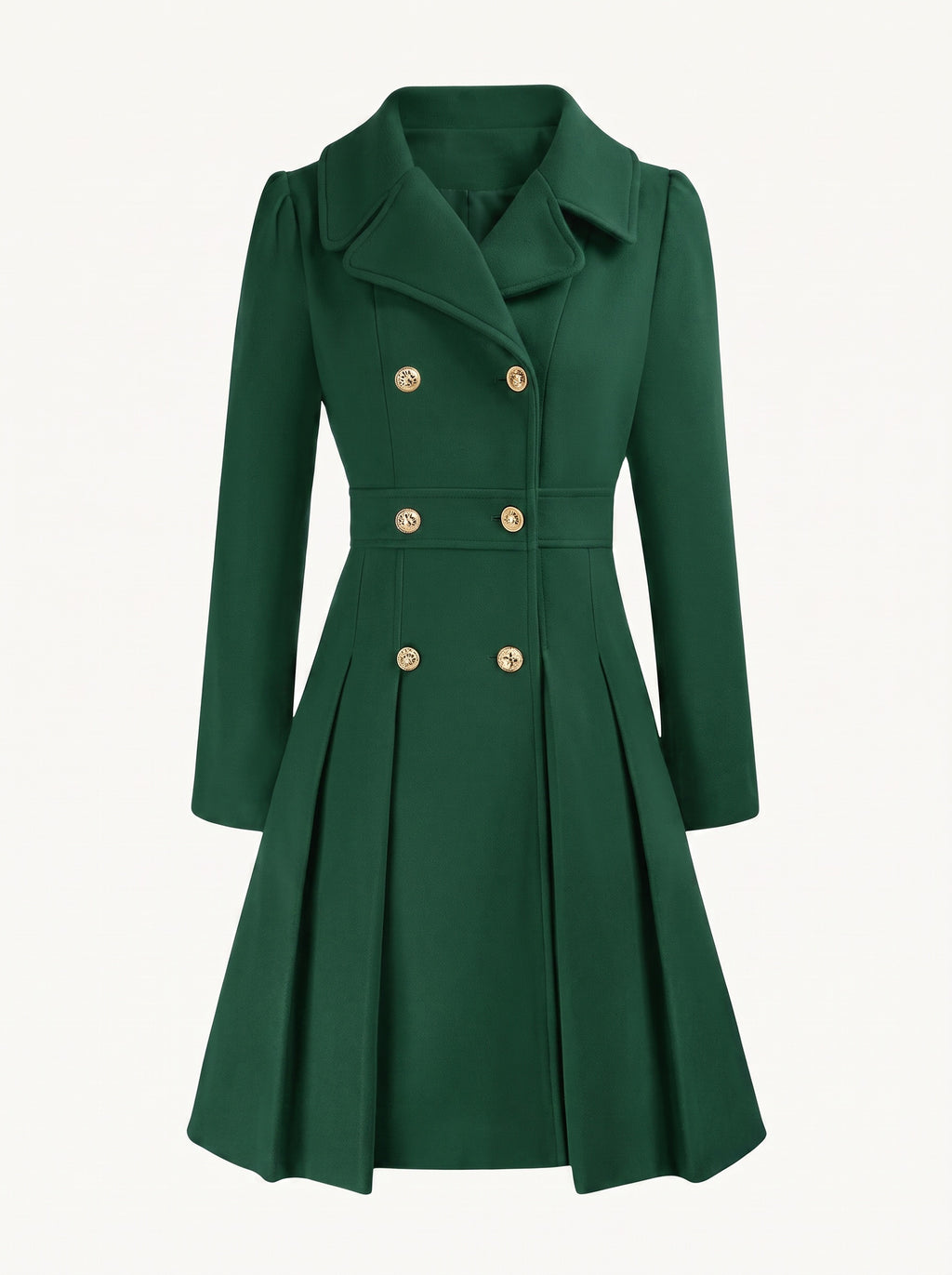 Adele double-breasted flared coat with gold buttons, dark green