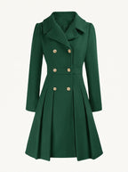 Adele double-breasted flared coat with gold buttons, dark green