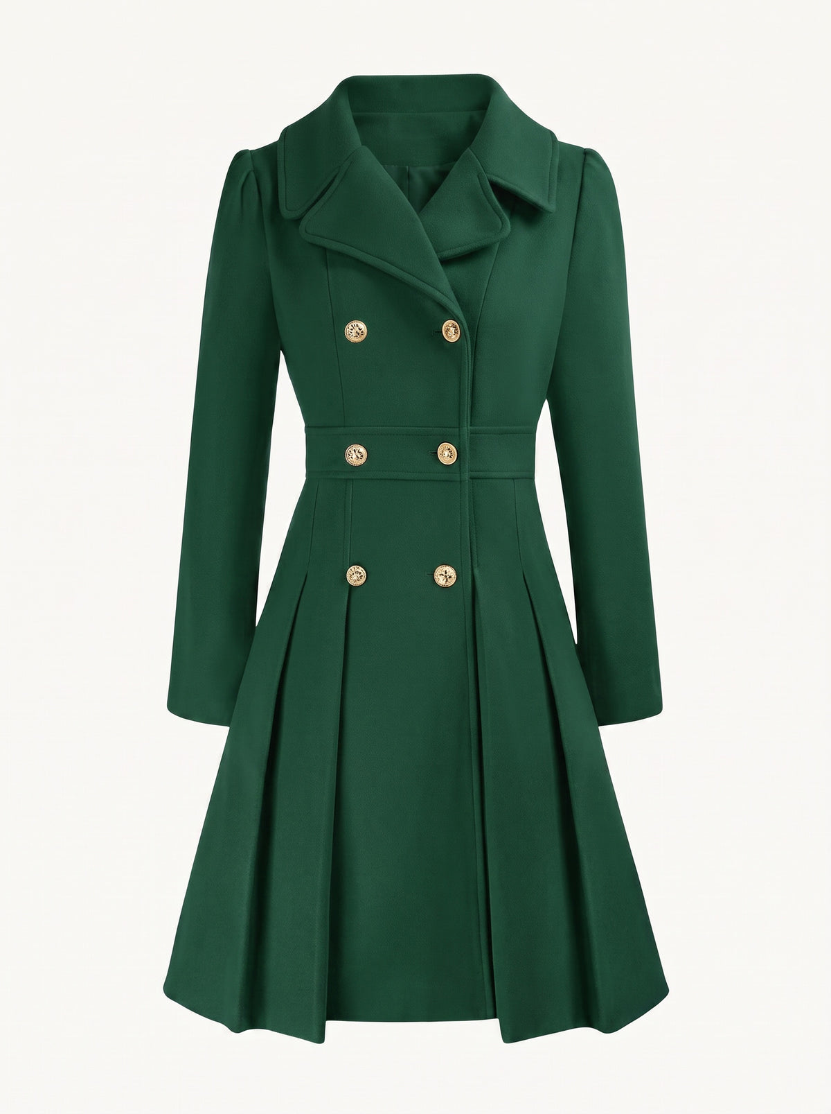 Adele double-breasted flared coat with gold buttons, dark green