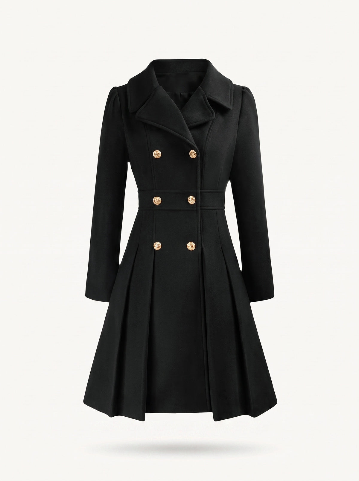 Adele double-breasted flared coat with gold buttons, black