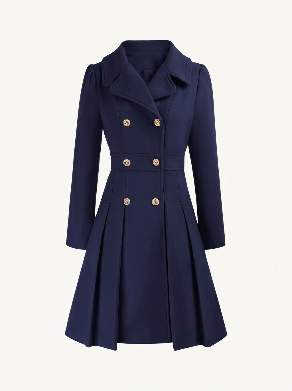 Adele double-breasted flared coat with gold buttons, dark blue