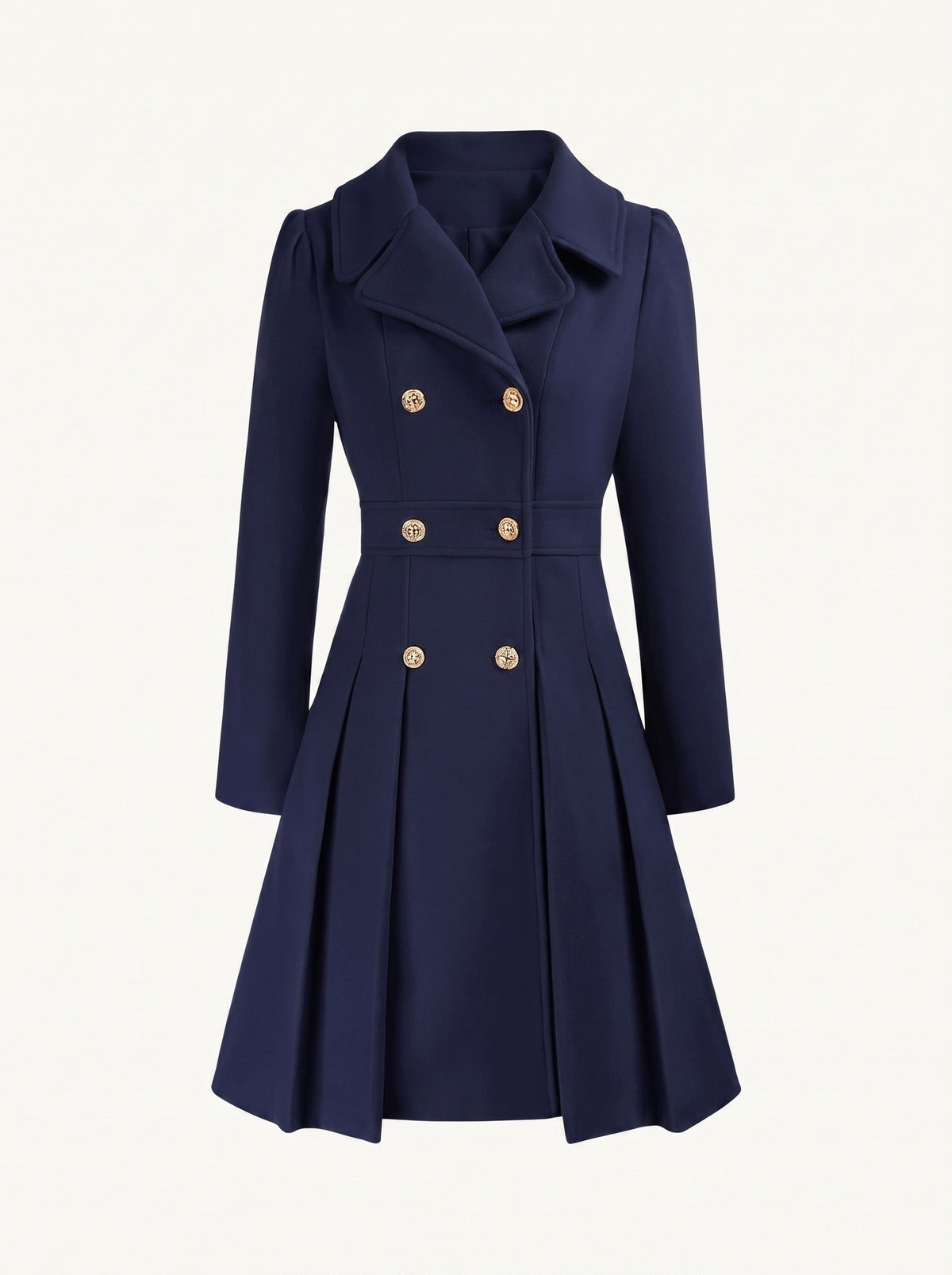 Adele double-breasted flared coat with gold buttons, dark blue