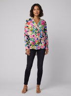 Light pink floral print blouse with ruffled collar, featuring a relaxed fit and made from soft linen. 0