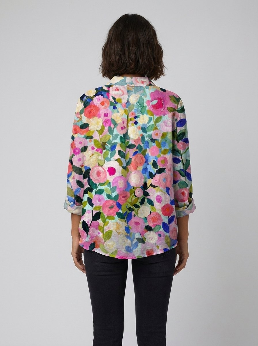 Light pink floral print blouse with ruffled collar, featuring a relaxed fit and made from soft linen. 3