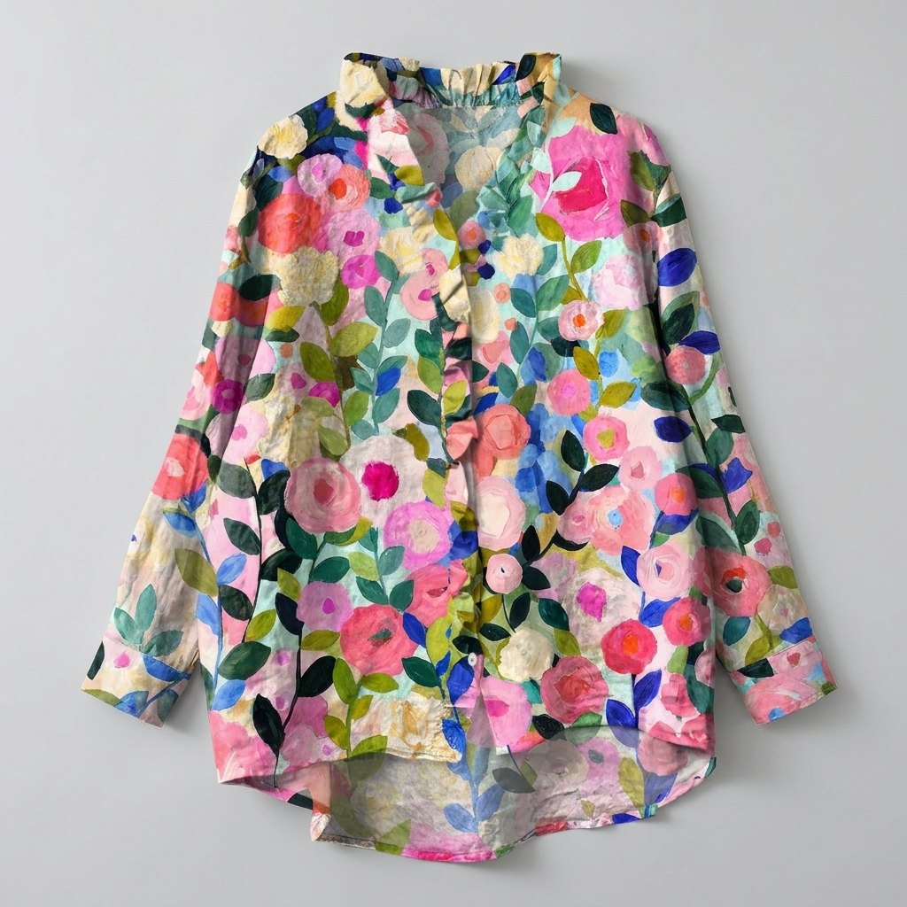 Light pink floral print blouse with ruffled collar, featuring a relaxed fit and made from soft linen. 4