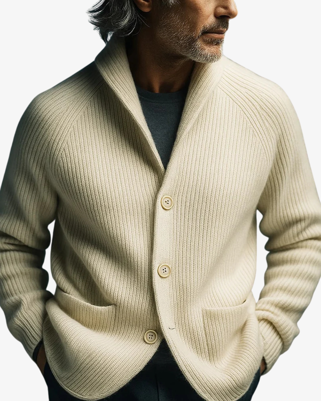 Andrew ribbed knit cardigan cream worn open