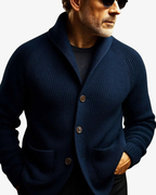 Andrew ribbed knit cardigan navy worn open