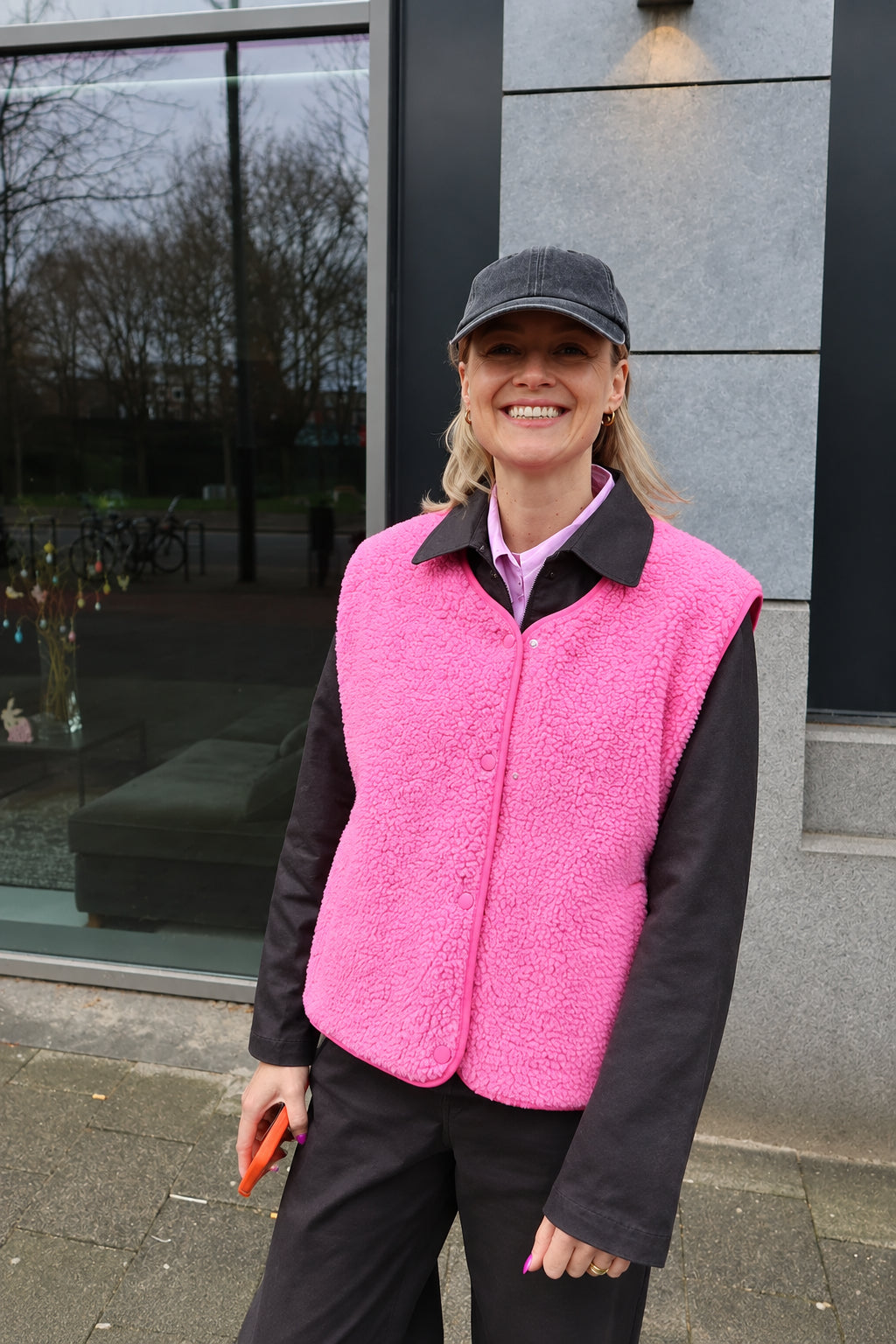 Anika sherpa fleece vest with snap buttons, pink, worn open