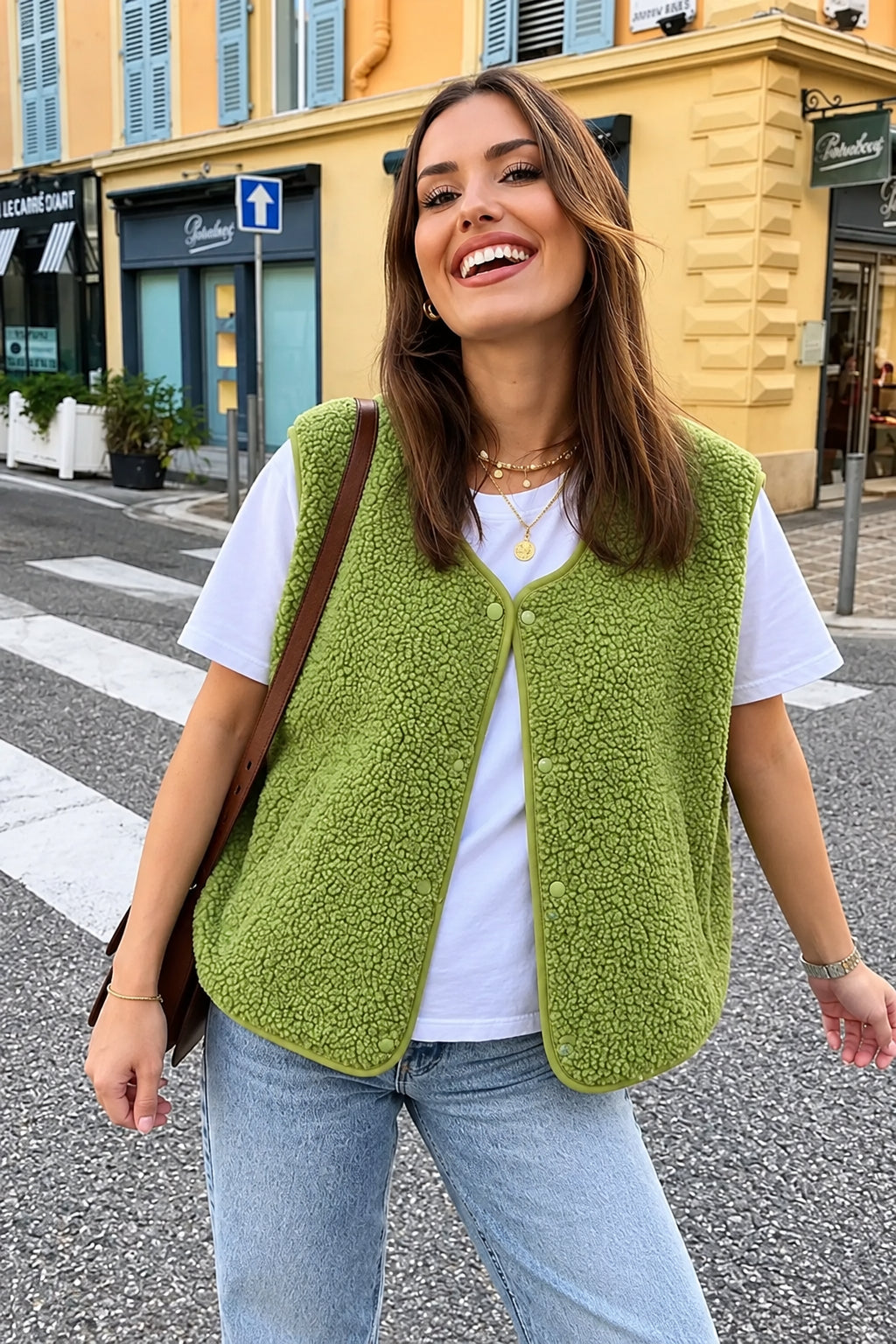 Anika sherpa fleece vest with snap buttons, green, front view