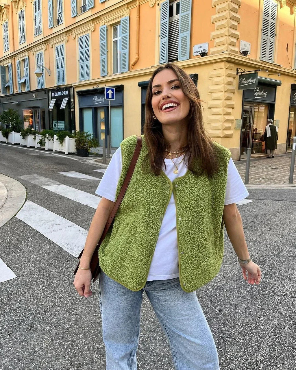 Anika sherpa fleece vest with snap buttons, green, full length