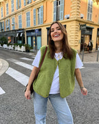 Anika sherpa fleece vest with snap buttons, green, full length