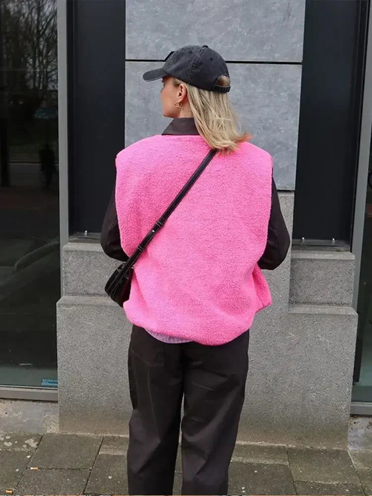 Anika sherpa fleece vest with snap buttons, pink, back view