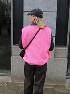 Anika sherpa fleece vest with snap buttons, pink, back view