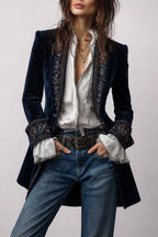 Annemijn long embroidered velvet jacket, navy, worn open