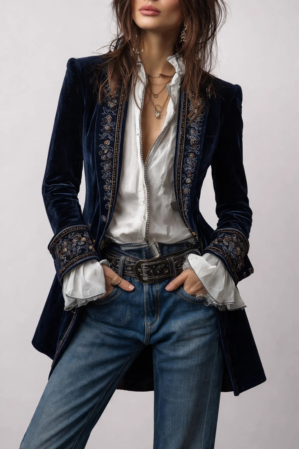 Annemijn long embroidered velvet jacket, navy, worn open