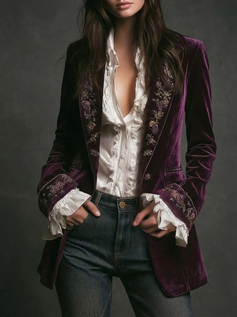 Annemijn long embroidered velvet jacket, wine red, front view