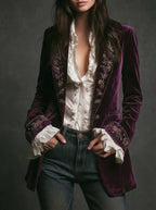 Annemijn long embroidered velvet jacket, wine red, front view