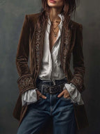 Annemijn long embroidered velvet jacket, brown, front view
