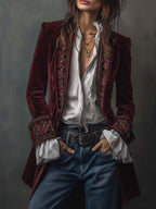Annemijn long embroidered velvet jacket, wine red, worn