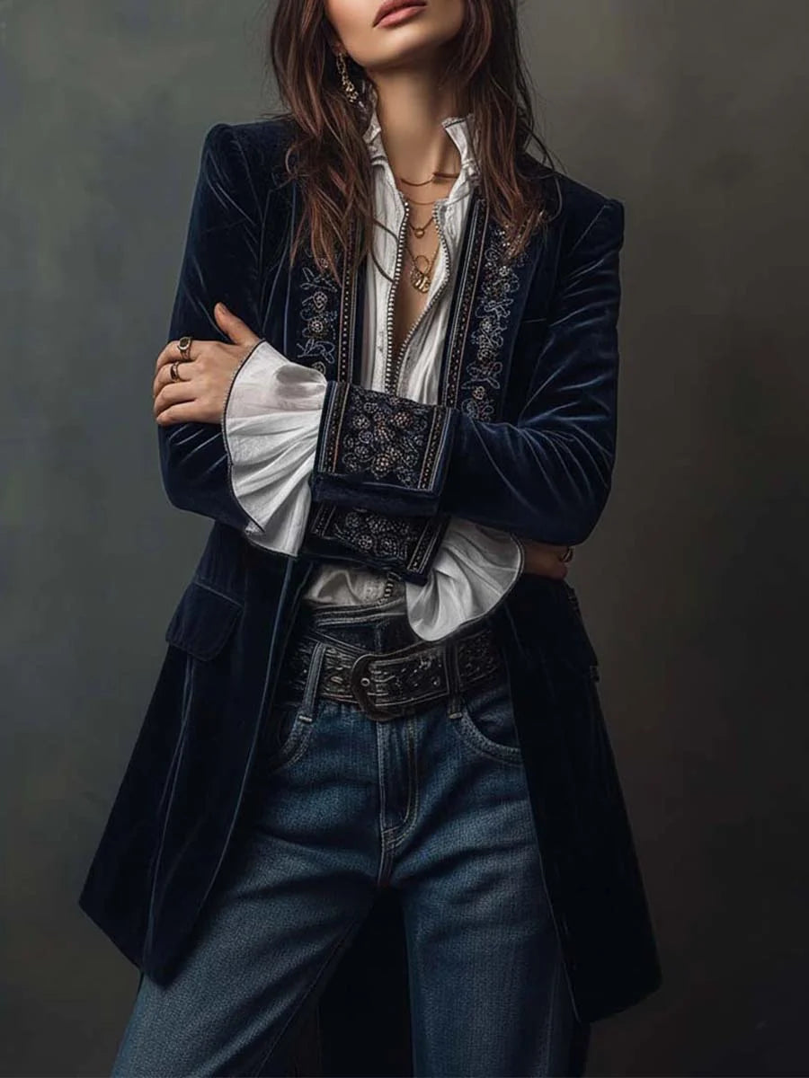 Annemijn long embroidered velvet jacket, navy, sleeve detail