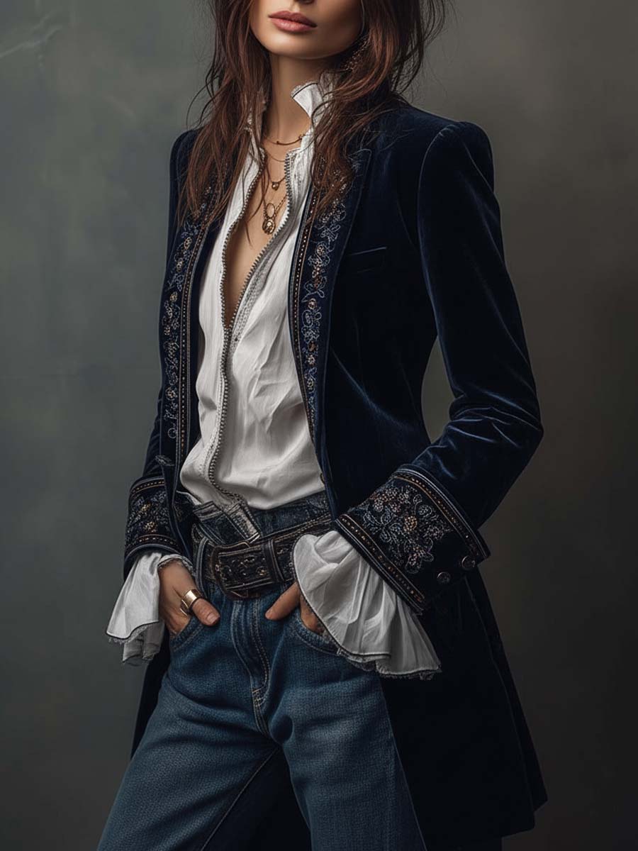 Annemijn long embroidered velvet jacket, navy, three-quarter view