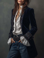 Annemijn long embroidered velvet jacket, navy, three-quarter view