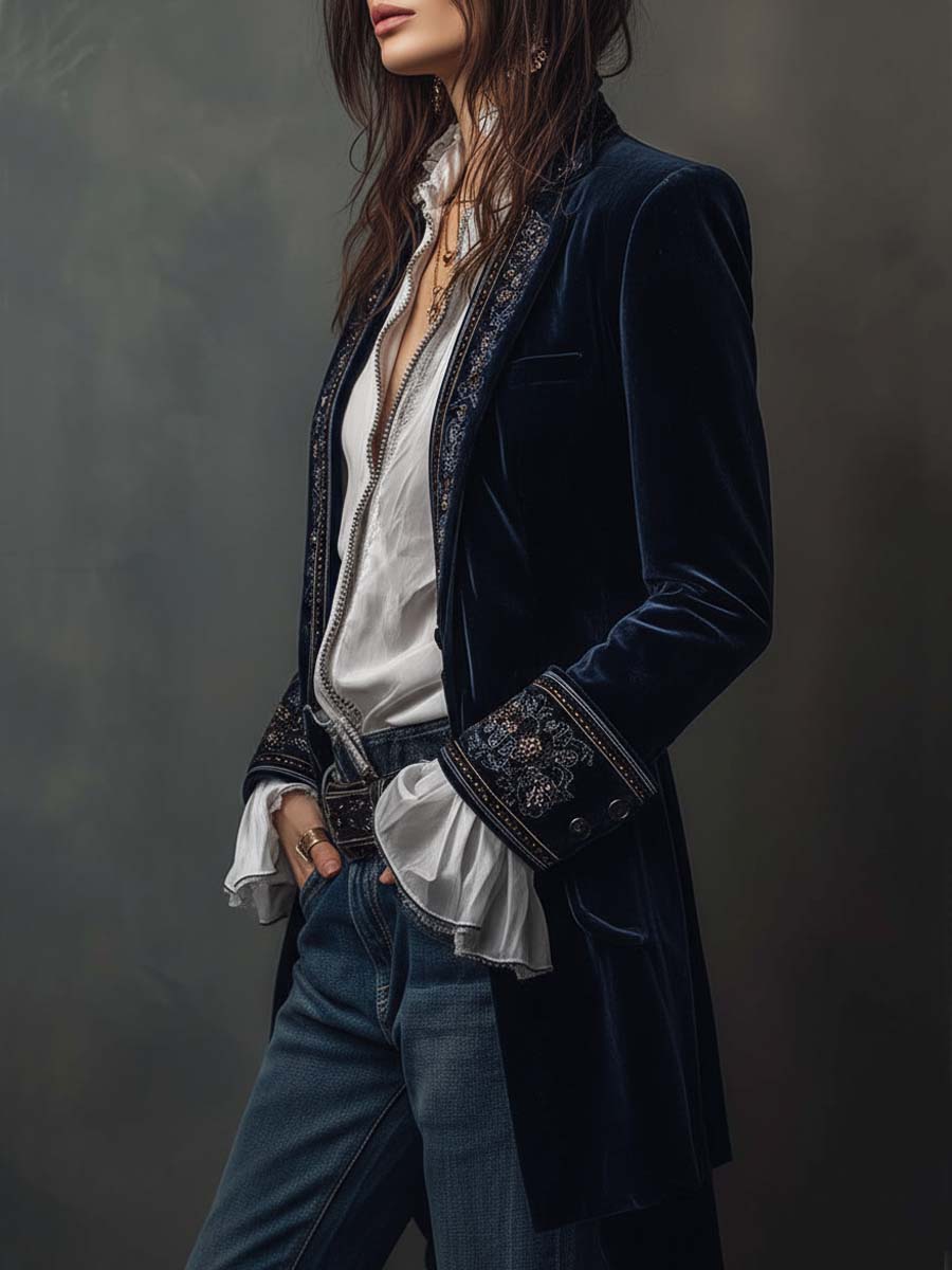 Annemijn long embroidered velvet jacket, navy, front view close-up