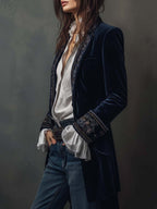 Annemijn long embroidered velvet jacket, navy, front view close-up