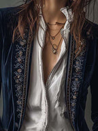Annemijn long embroidered velvet jacket, navy, lapel detail