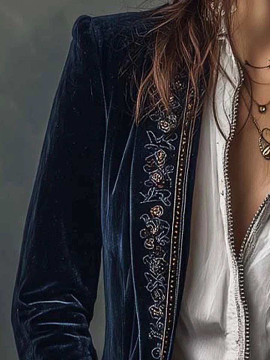 Annemijn long embroidered velvet jacket, navy, full length