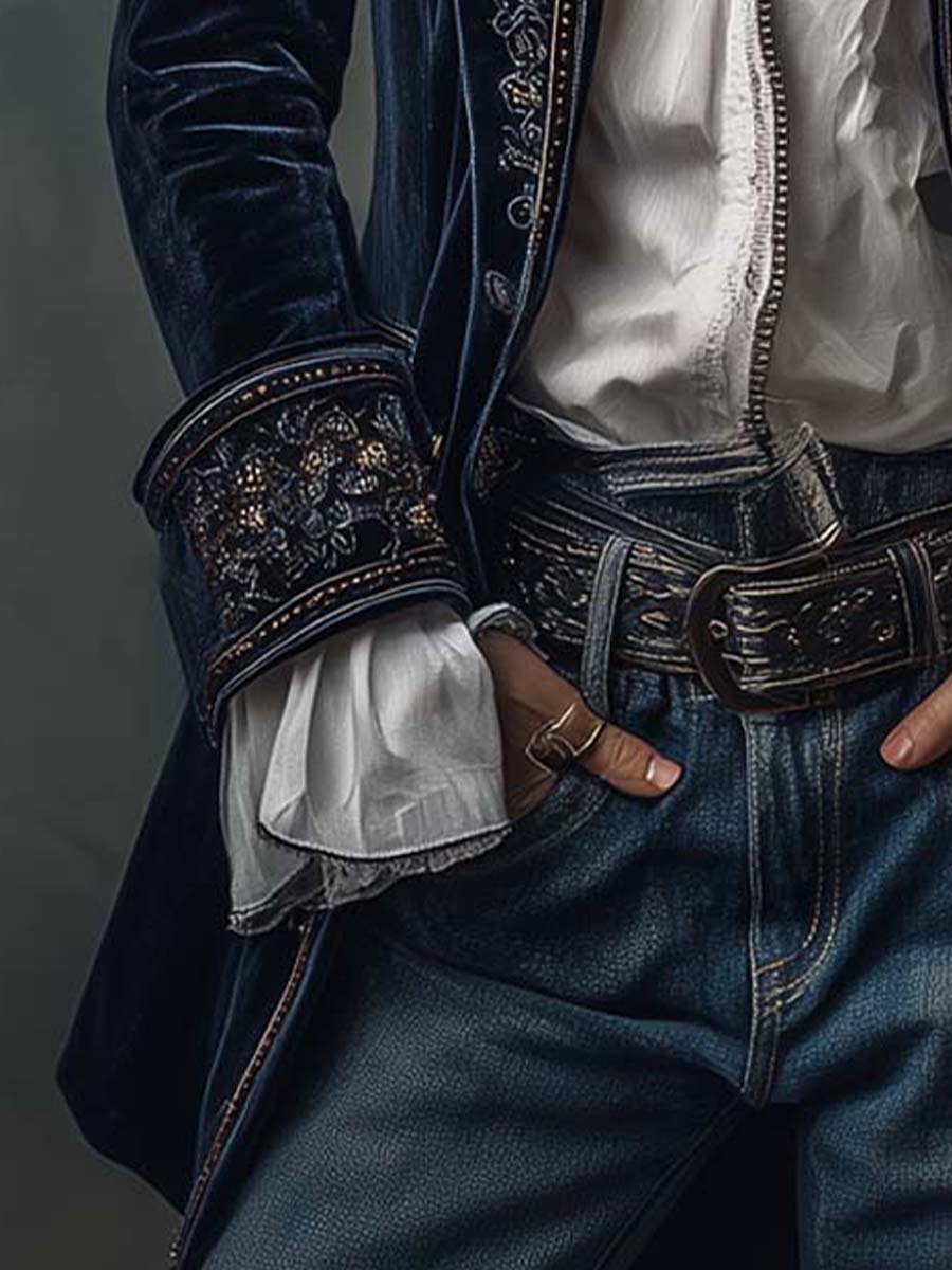 Annemijn long embroidered velvet jacket, navy, embroidery detail