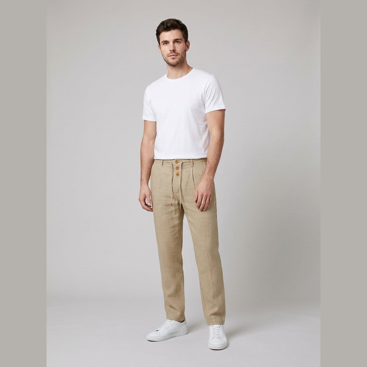 Lightweight aqua linen trousers in a relaxed fit, featuring a straight-leg style for comfortable wear. 0