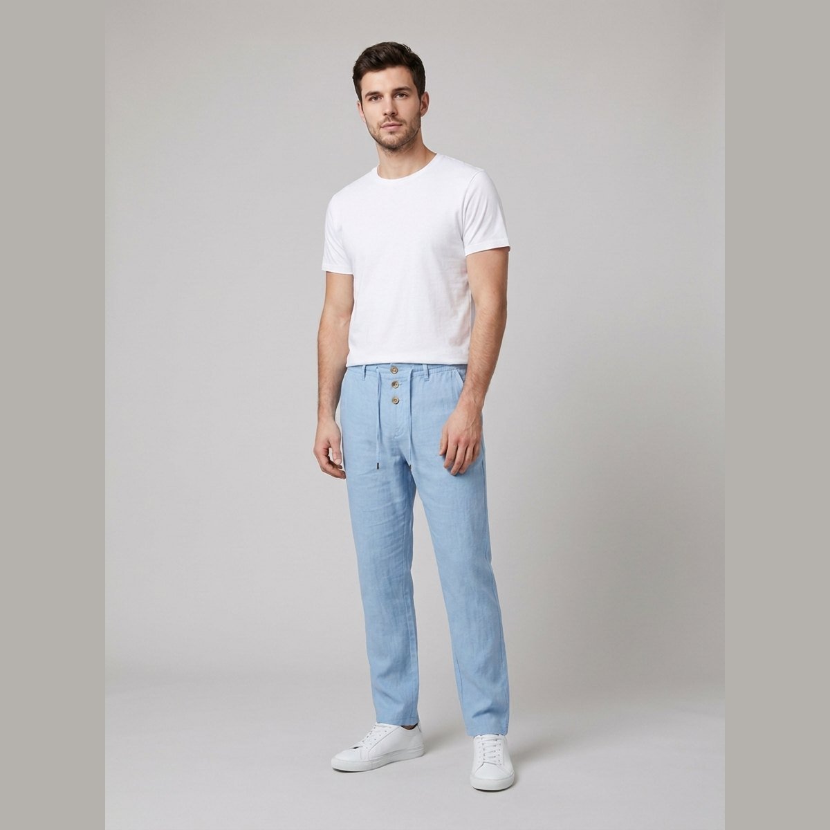 Lightweight aqua linen trousers in a relaxed fit, featuring a straight-leg style for comfortable wear. 1