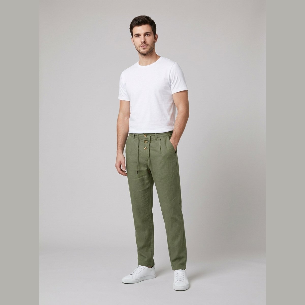 Lightweight aqua linen trousers in a relaxed fit, featuring a straight-leg style for comfortable wear. 4