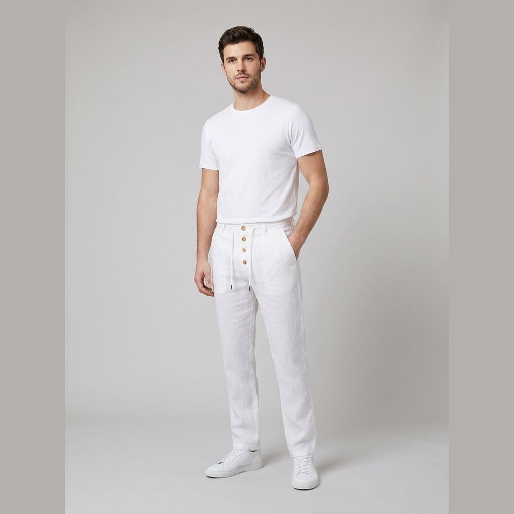 Lightweight aqua linen trousers in a relaxed fit, featuring a straight-leg style for comfortable wear. 5