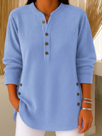 Aurelia ribbed henley tunic with side buttons, light blue, front view