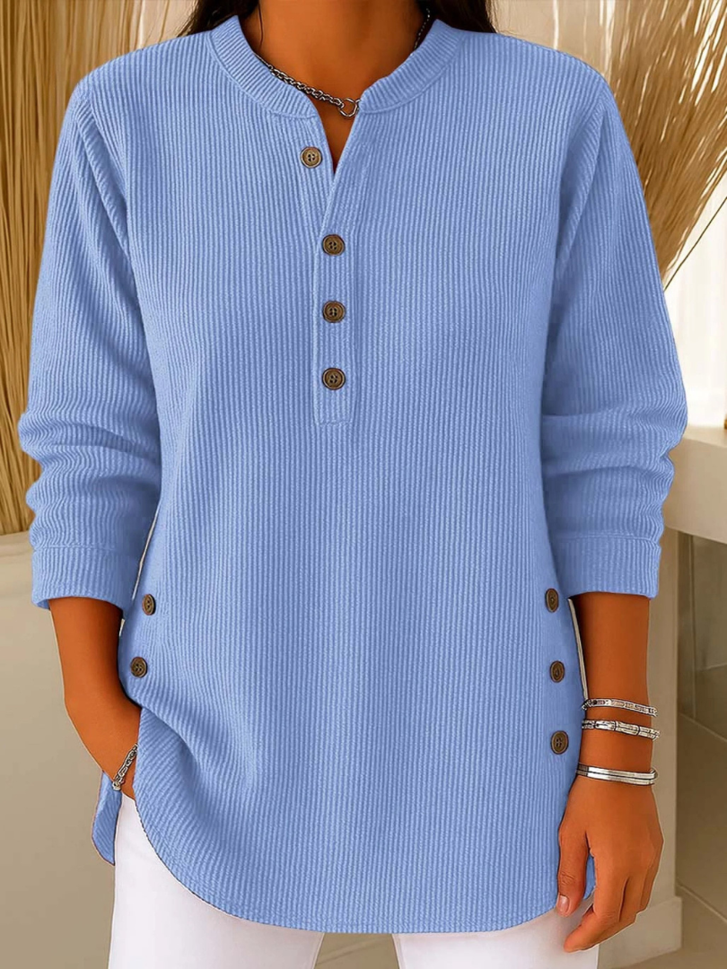 Aurelia ribbed henley tunic with side buttons, light blue, front view