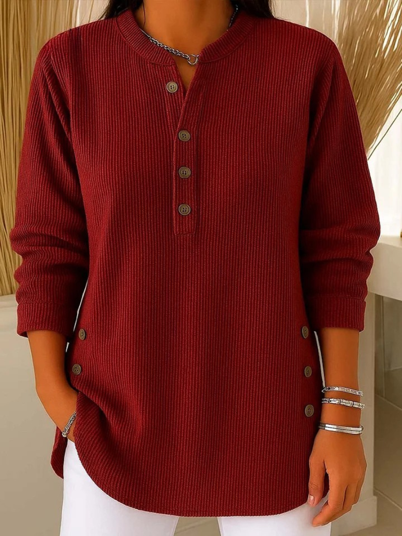Aurelia ribbed henley tunic with side buttons, wine red, front view