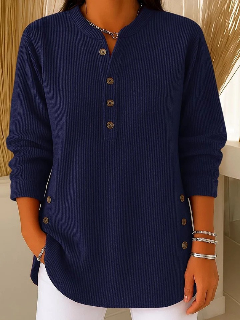 Aurelia ribbed henley tunic with side buttons, navy, front view