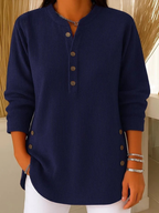 Aurelia ribbed henley tunic with side buttons, navy, front view