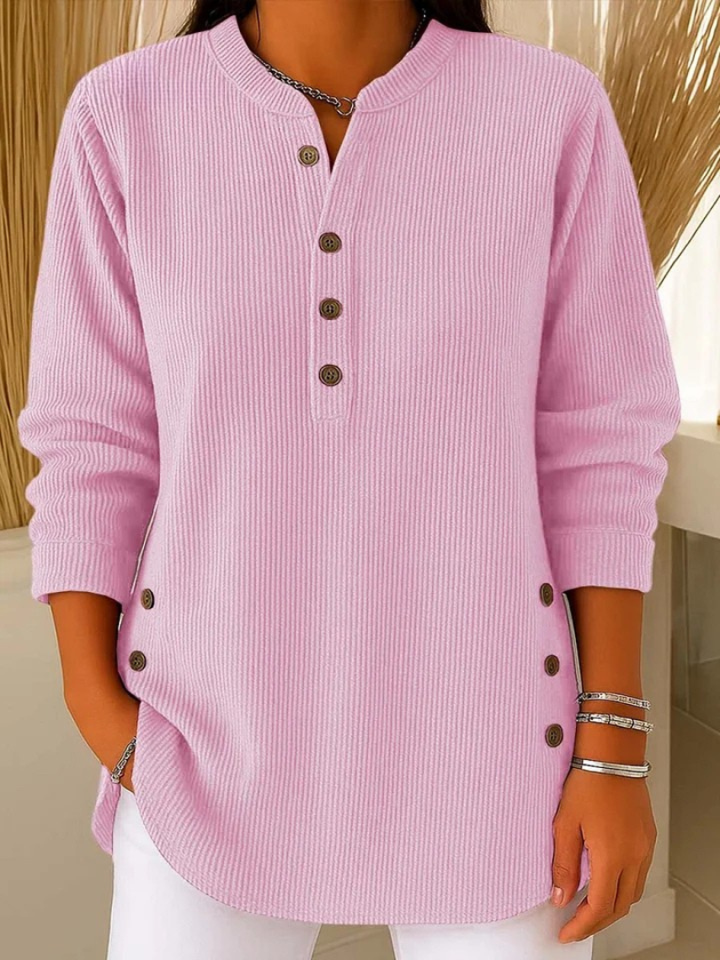 Aurelia ribbed henley tunic with side buttons, pink, front view