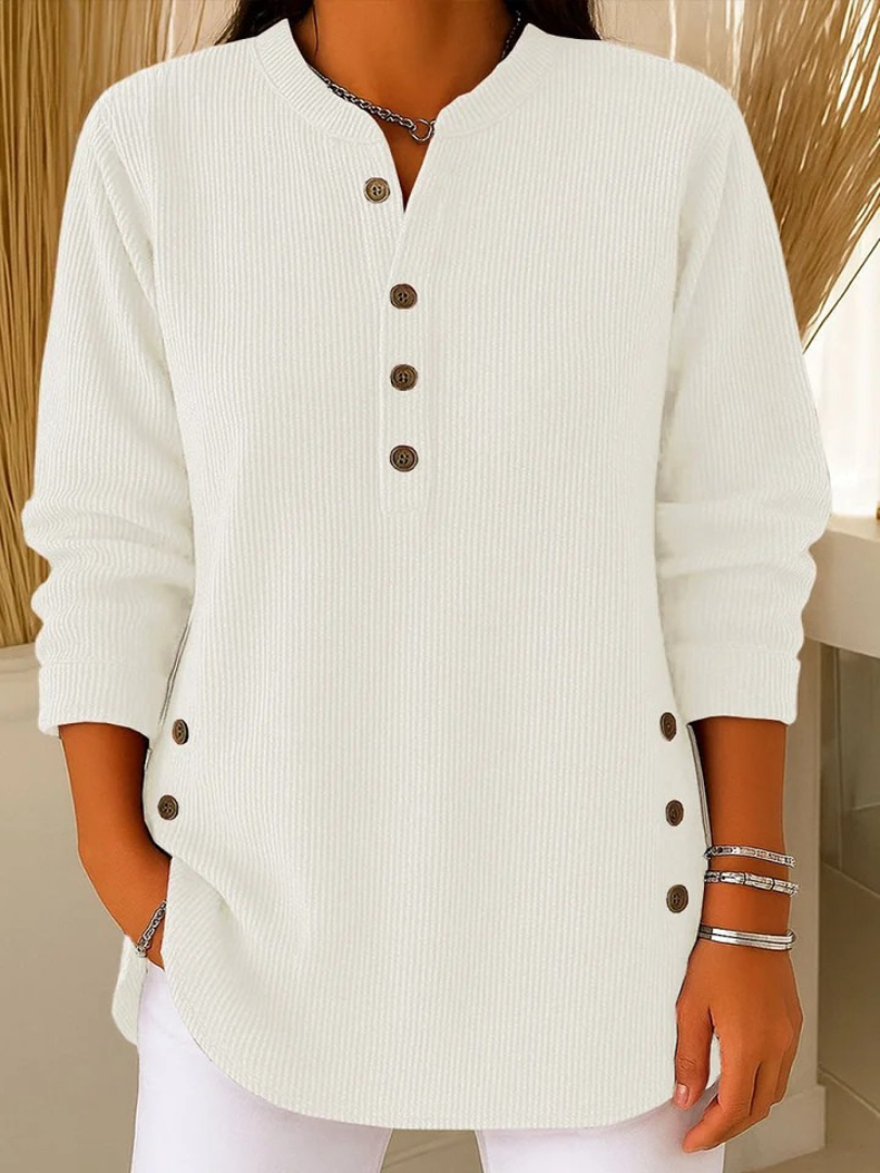 Aurelia ribbed henley tunic with side buttons, white, front view
