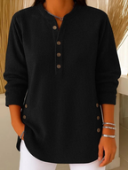 Aurelia ribbed henley tunic with side buttons, black, front view
