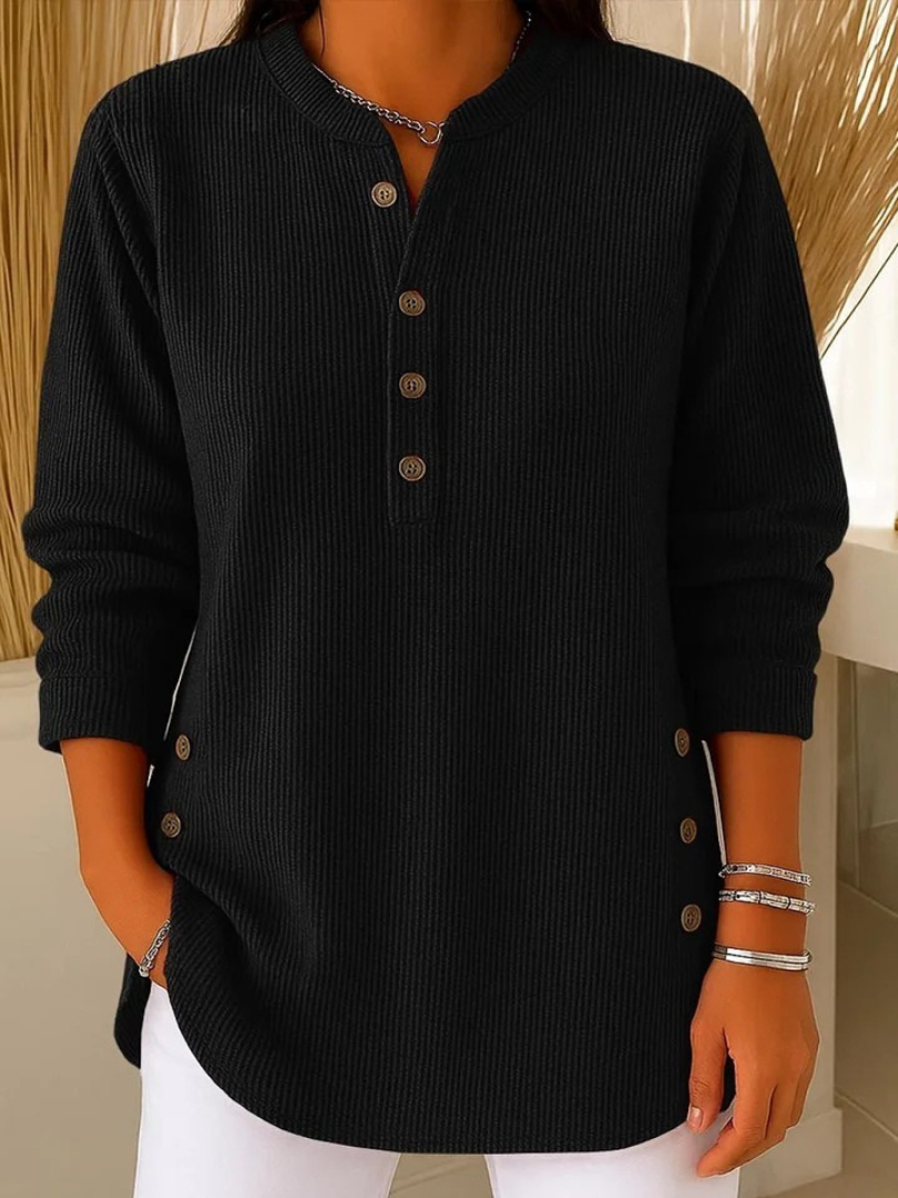 Aurelia ribbed henley tunic with side buttons, black, front view
