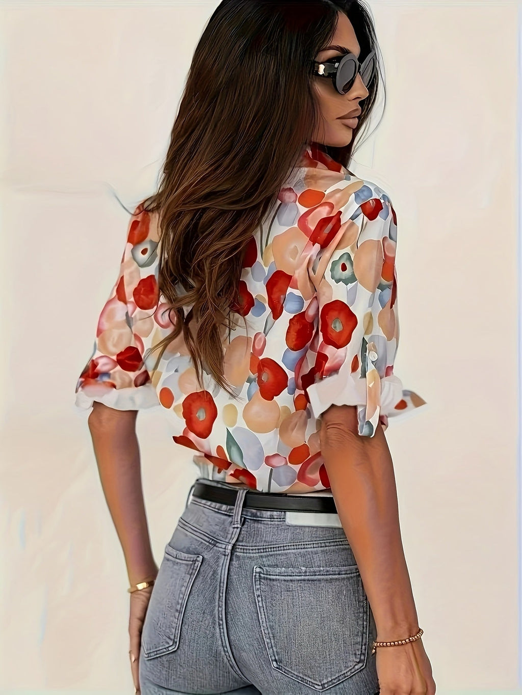 Light blue floral women's shirt in a relaxed fit, featuring short sleeves and a feminine, casual style. 2