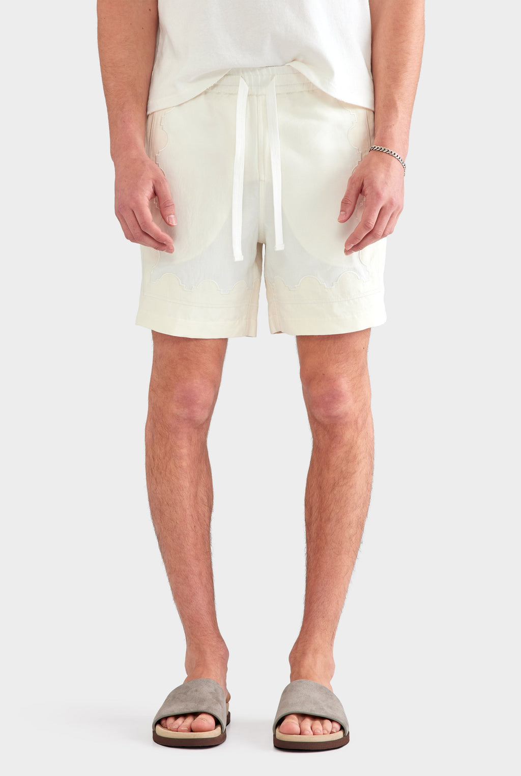 Aveline Panelled Applique Border Silk Linen Women's Shorts Off White/Cream 0
