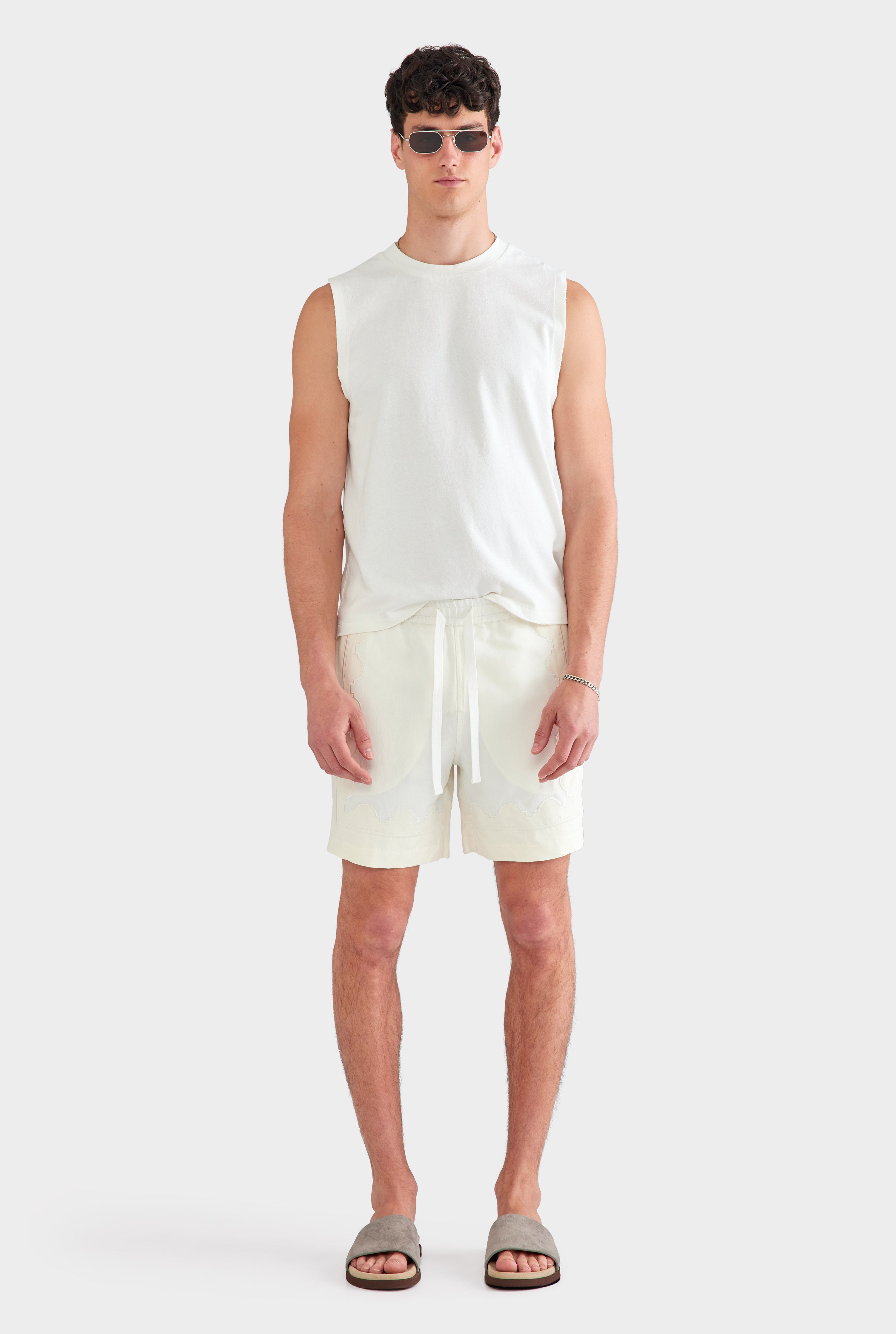 Aveline Panelled Applique Border Silk Linen Women's Shorts Off White/Cream 1